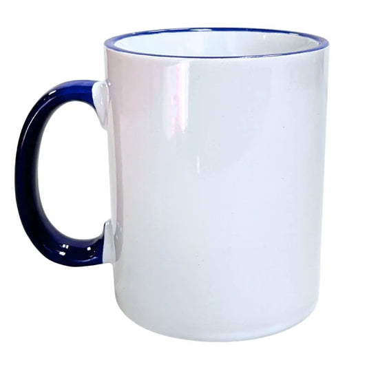 11oz white ceramic coffee mug with cobalt trim and handle sold in bulk case packs